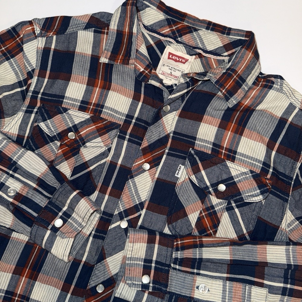 Levi's Modern Pearl Snap Shirt Small Mens Plaid Blue Red Long Sleeve Cotton
